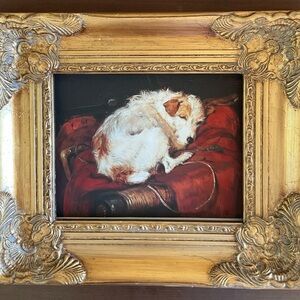 8x10” Glicee on canvas of Sleeping Jack Russell terrier. Placed in gold frame